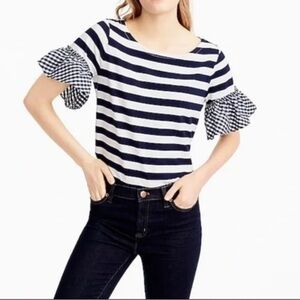 J. Crew Striped Navy White Gingham Ruffle Sleeve Mixed Media Top Women's Size L